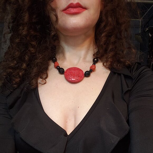 Black and Red Cinnabar Flower Pendant Necklace - Picture 2 of 5